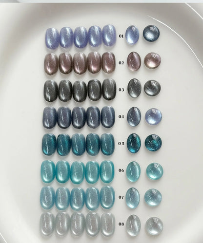 Denim Cat Eye shade chart, five nail tips and two drops per shade, 01–08