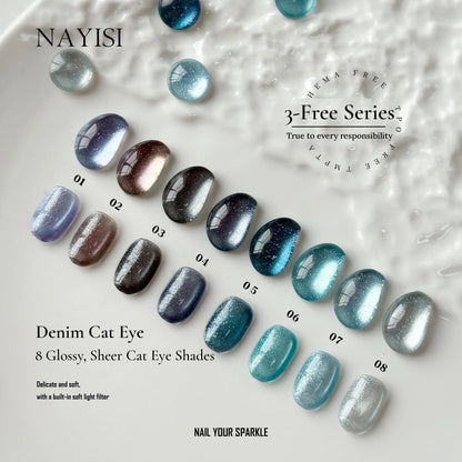 NAYISI Denim Cat Eye gel swatches 01–08 on a textured white board