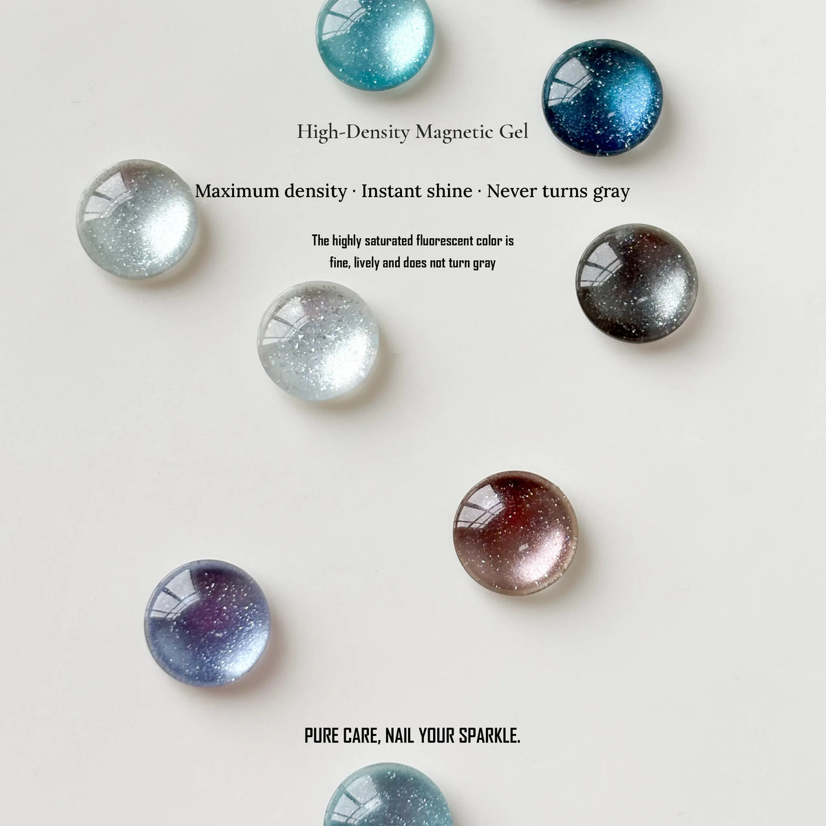 High-density magnetic gel swatch drops, from icy clear to deep blue