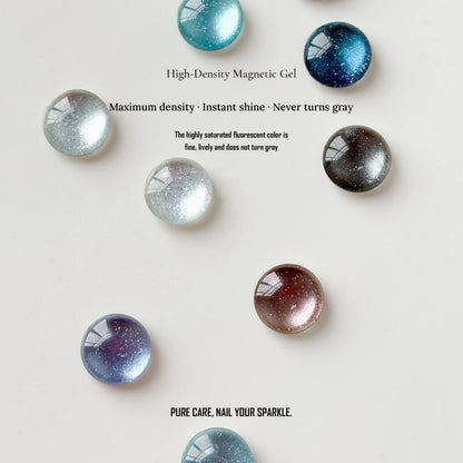 High-density magnetic gel swatch drops, from icy clear to deep blue