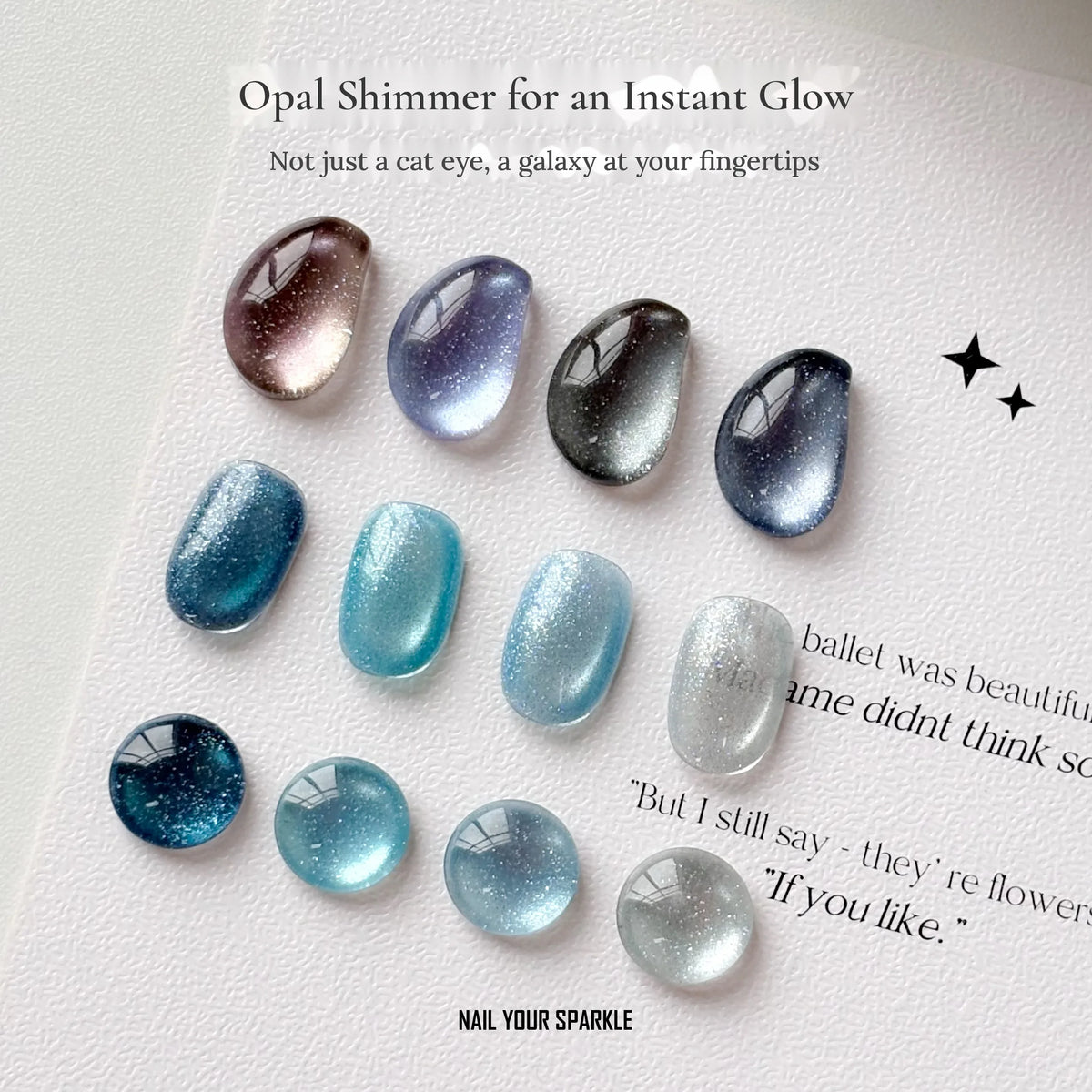 Denim Cat Eye opal-shimmer swatches on textured paper