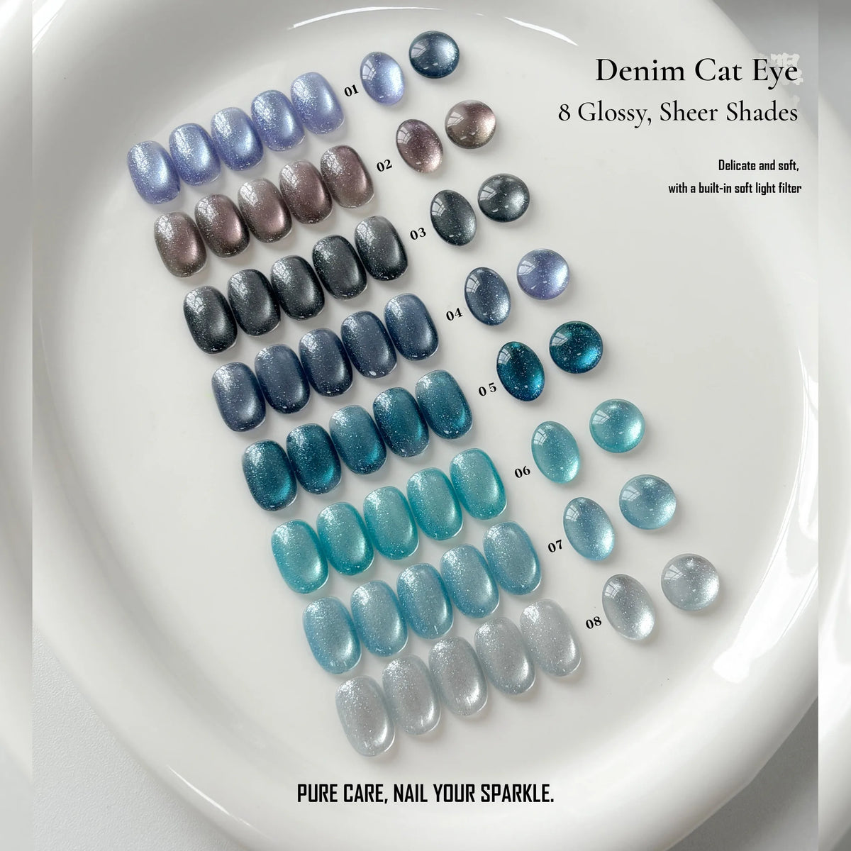 Denim Cat Eye shades 01–08 swatched in rows on a white plate