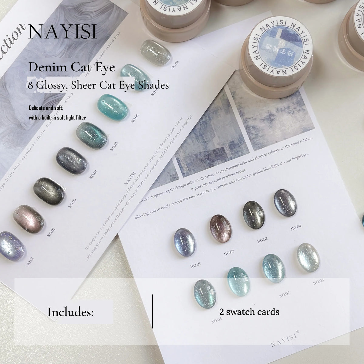 Denim Cat Eye 8-color set: jars and the two included swatch cards