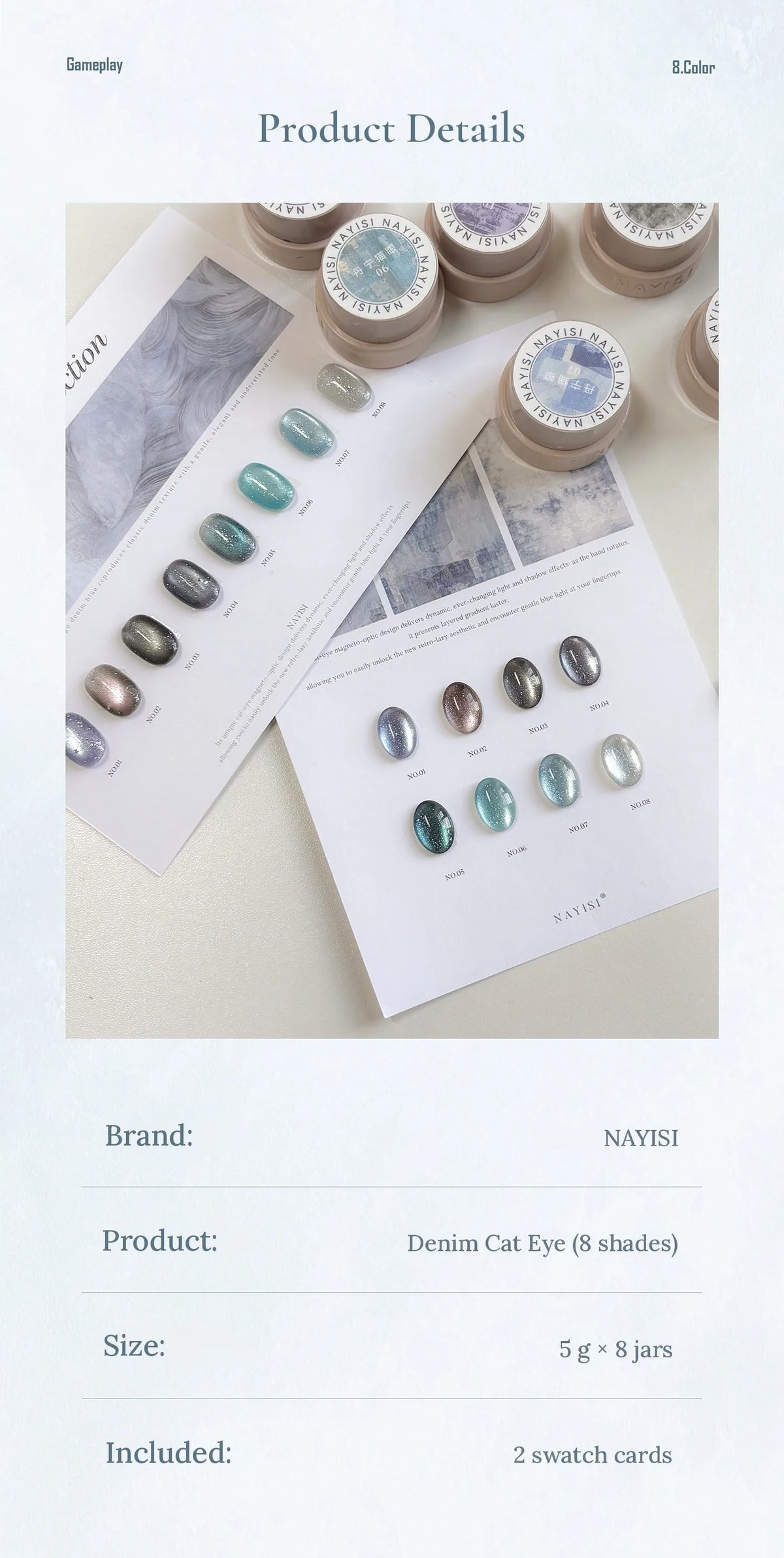 Denim Cat Eye product details: 5 g × 8 jars, 2 swatch cards