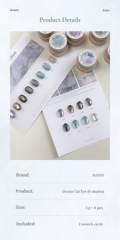 Denim Cat Eye product details: 5 g × 8 jars, 2 swatch cards