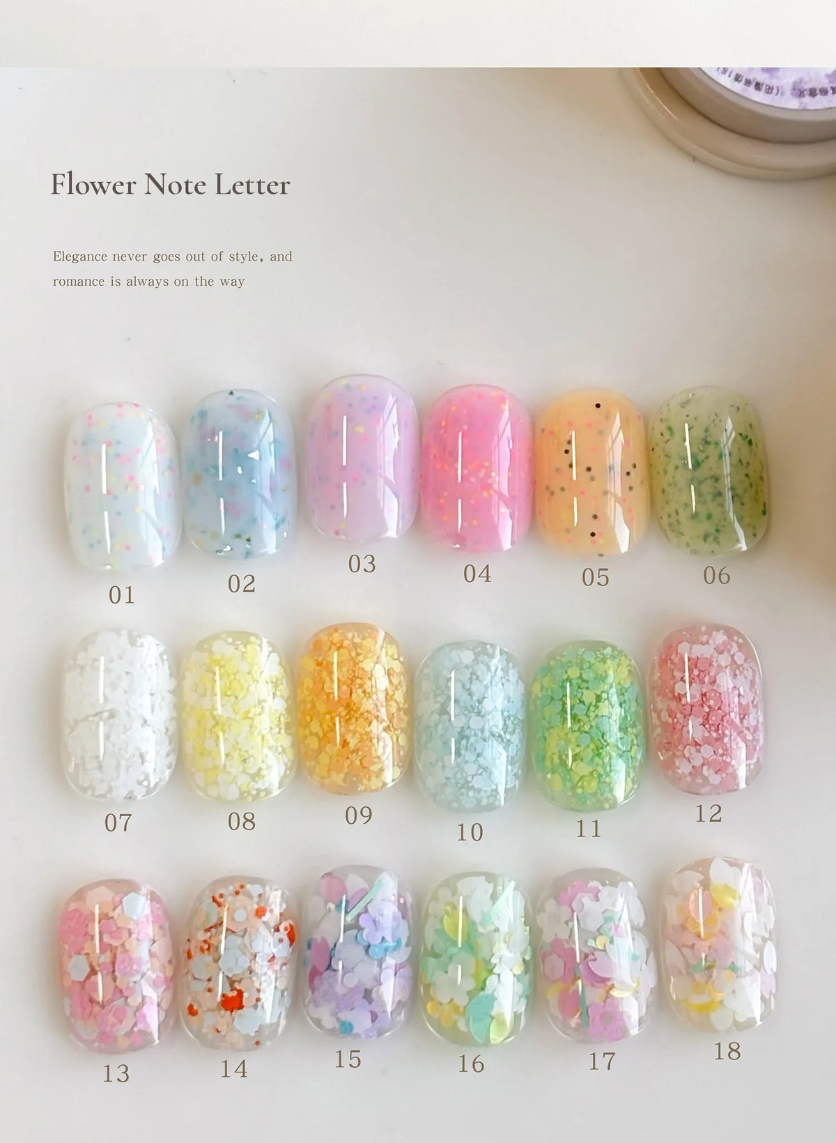Flower Note Letter shade chart, swatch tips 01–18