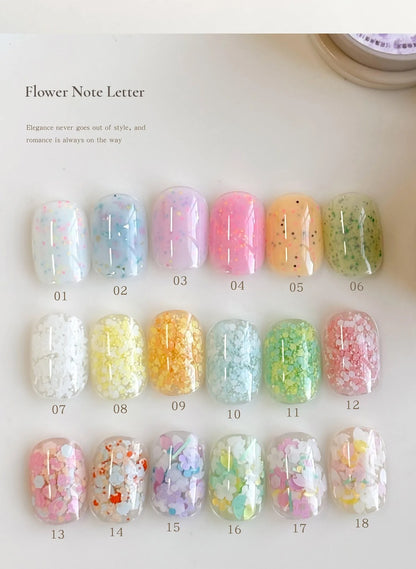 Flower Note Letter shade chart, swatch tips 01–18