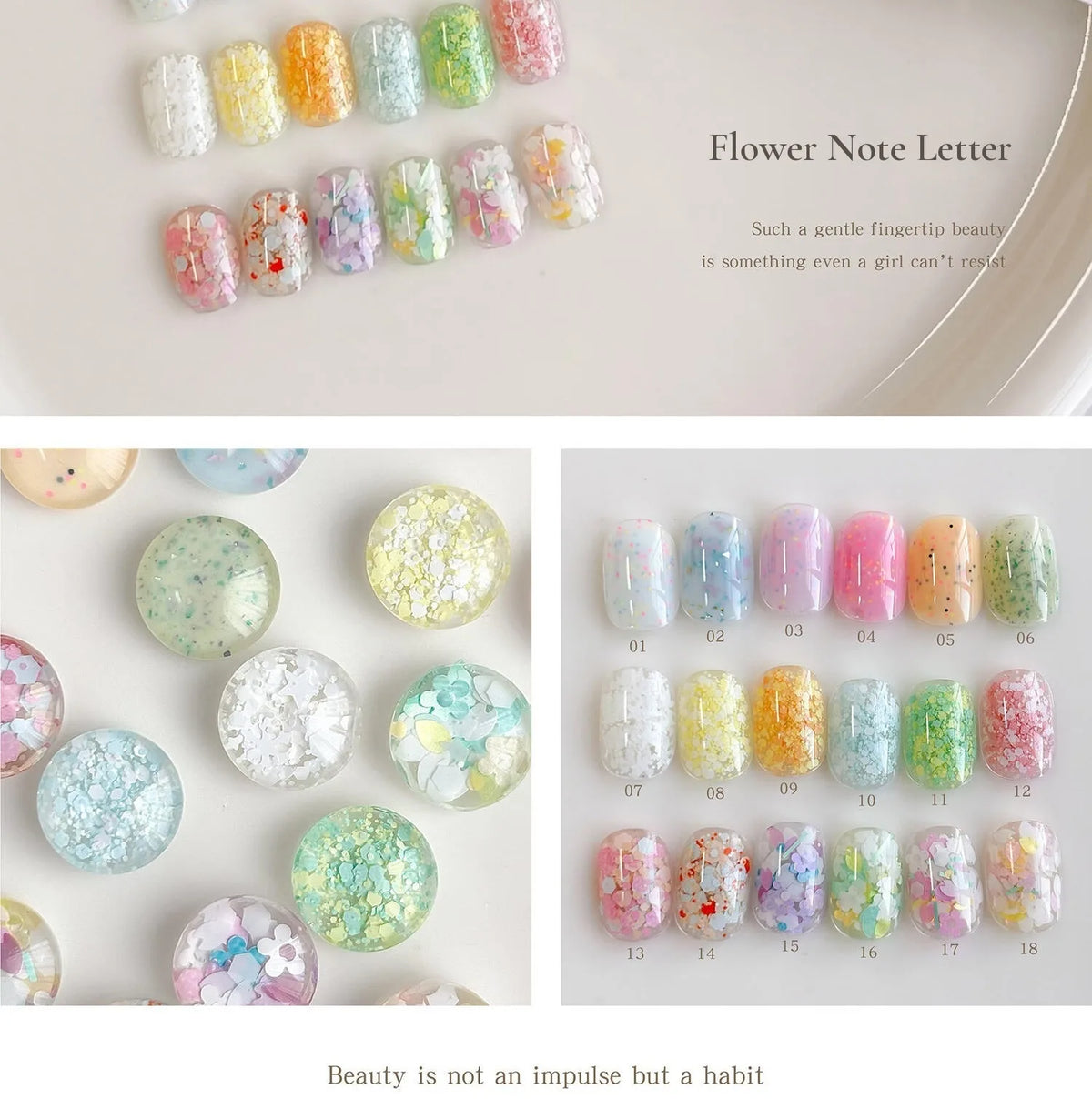 Flower Note Letter swatch tips and flower-flake swatch drops