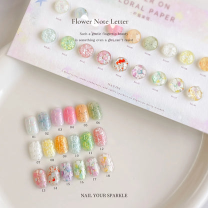 NAYISI Flower Note Letter swatch card with 18 flower-flake jelly shades