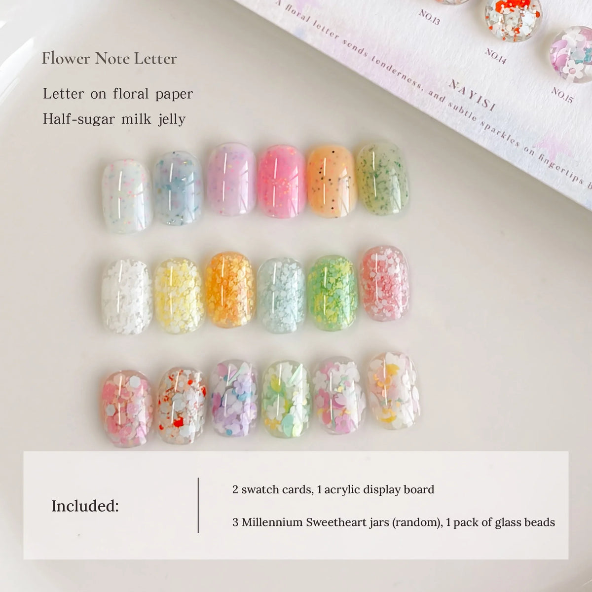 Flower Note Letter 18-color set swatches; includes 2 swatch cards and an acrylic display board