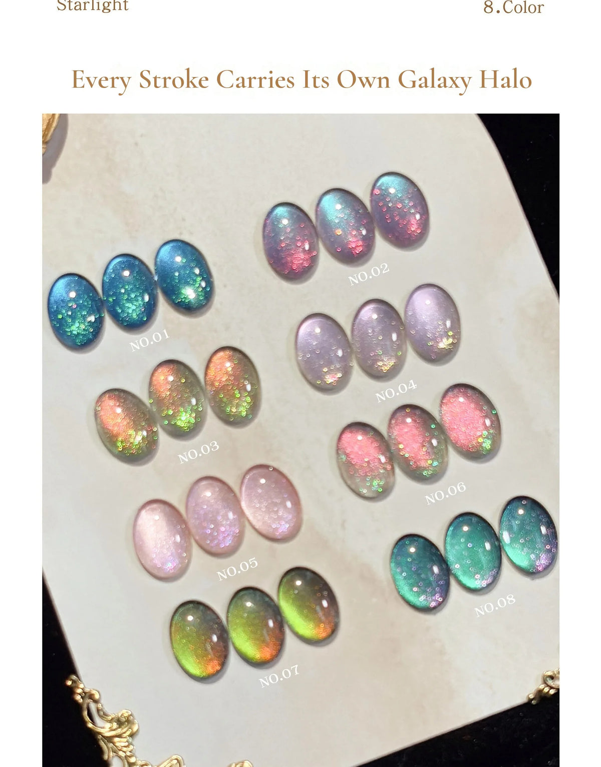Goddess Zeus swatch pairs showing the galaxy shimmer of each shade