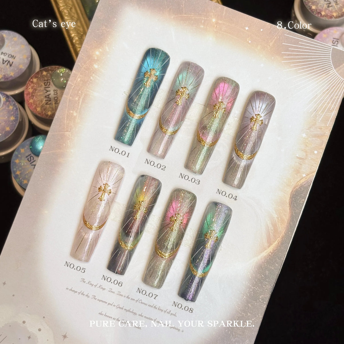 Goddess Zeus cat eye nail tips NO.01–NO.08 on a gilded card
