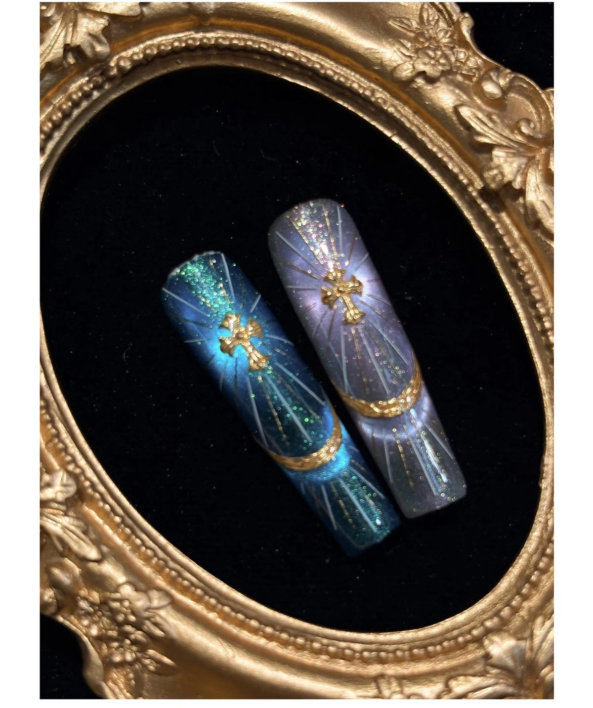 Goddess Zeus cat eye nail art in a gold oval frame