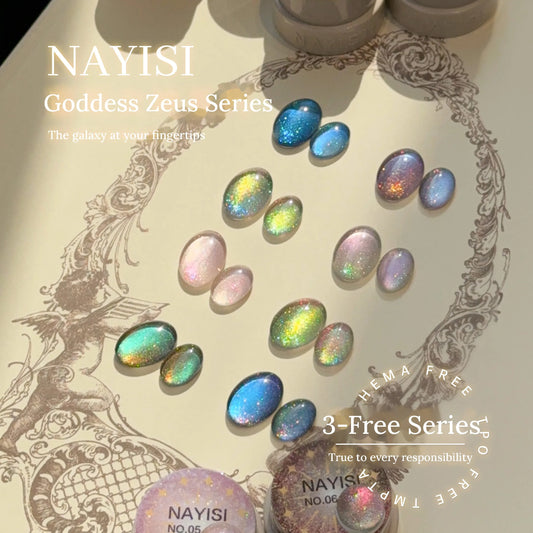 NAYISI Goddess Zeus cat eye swatch drops on an ornate baroque print