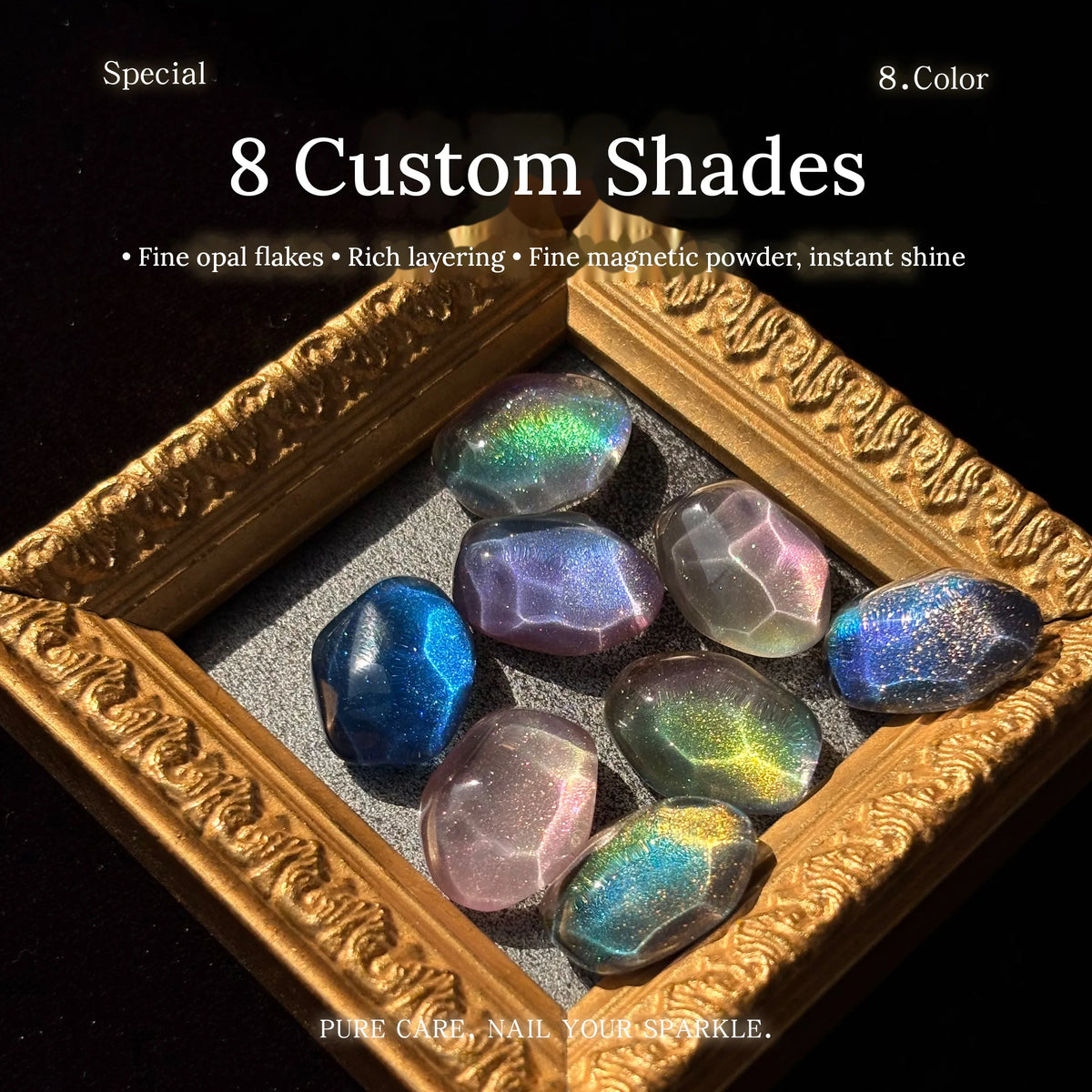Goddess Zeus faceted cat eye swatches in a gold frame