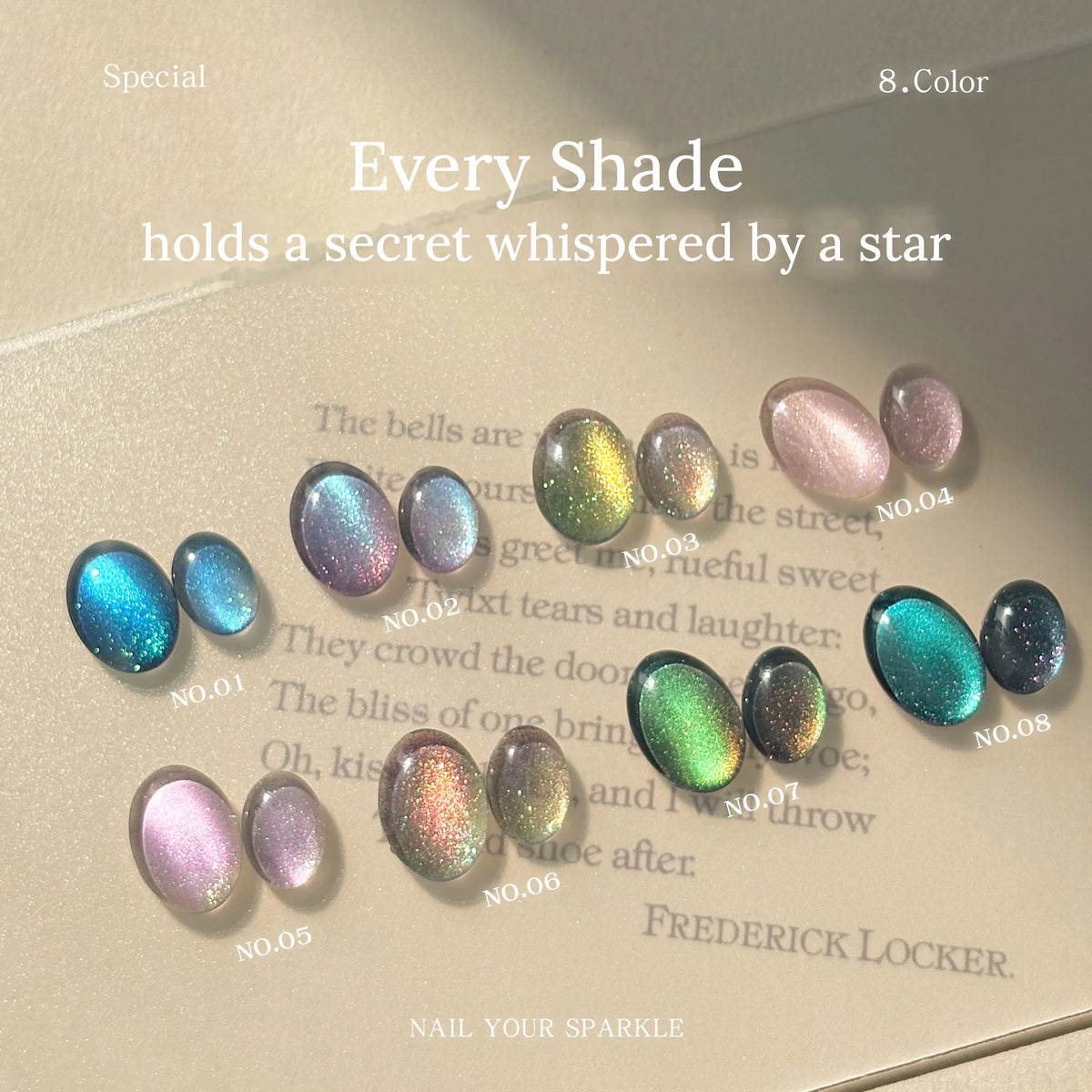 Goddess Zeus swatch pairs NO.01–NO.08 with opal flakes