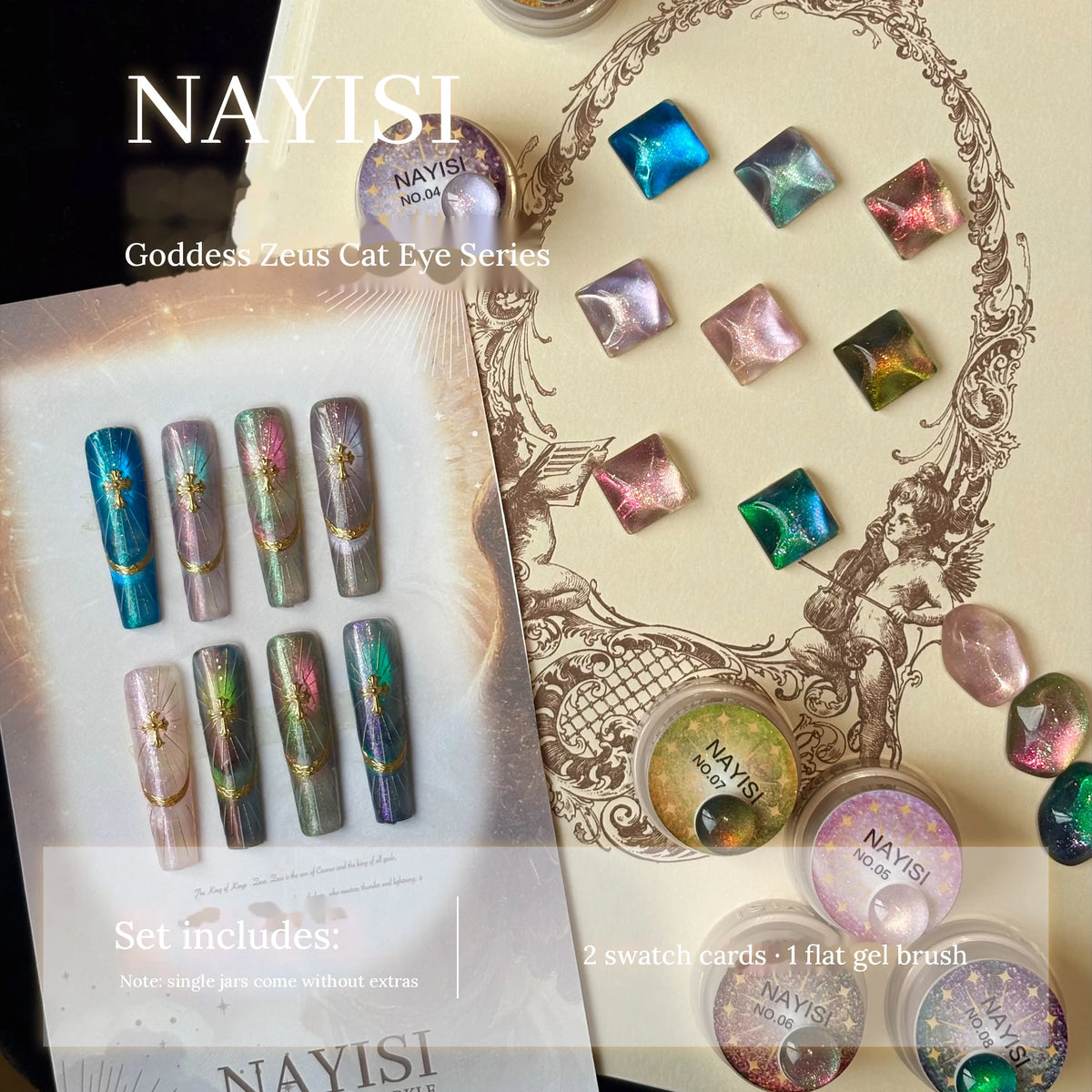 Goddess Zeus 8-color set with nail tips, square swatches, swatch cards and flat brush