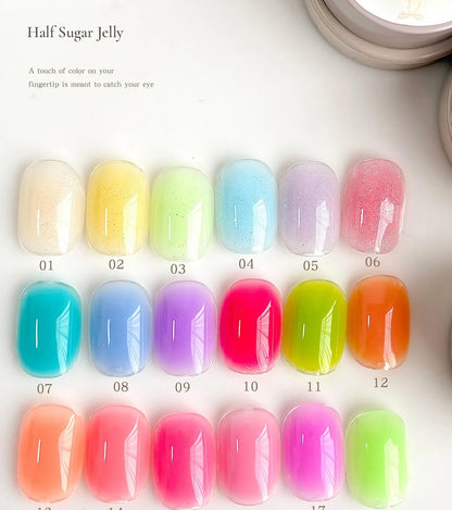 Half Sugar Jelly shade chart, swatch tips 01–18