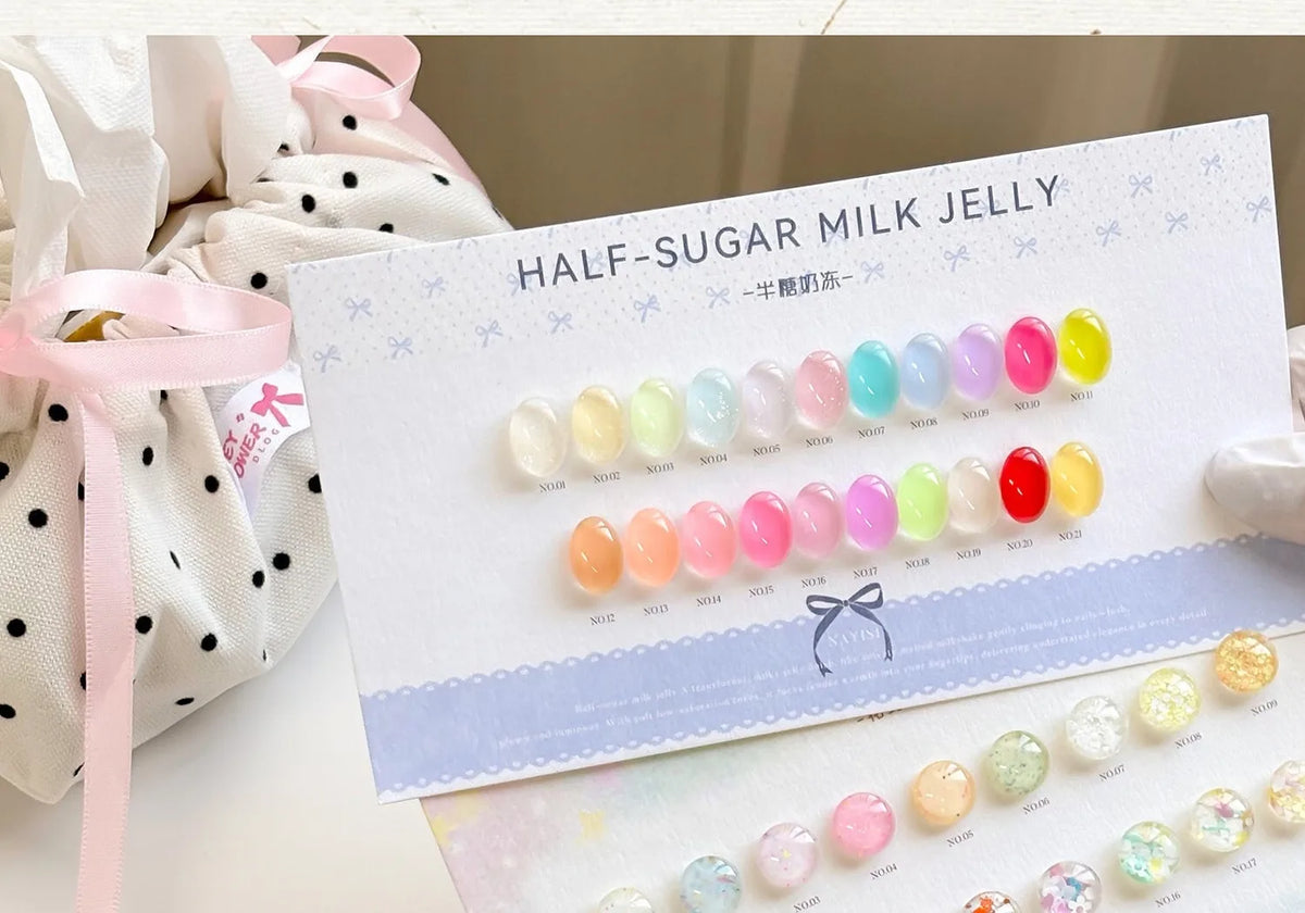 Half Sugar Jelly swatch card beside a polka-dot pouch