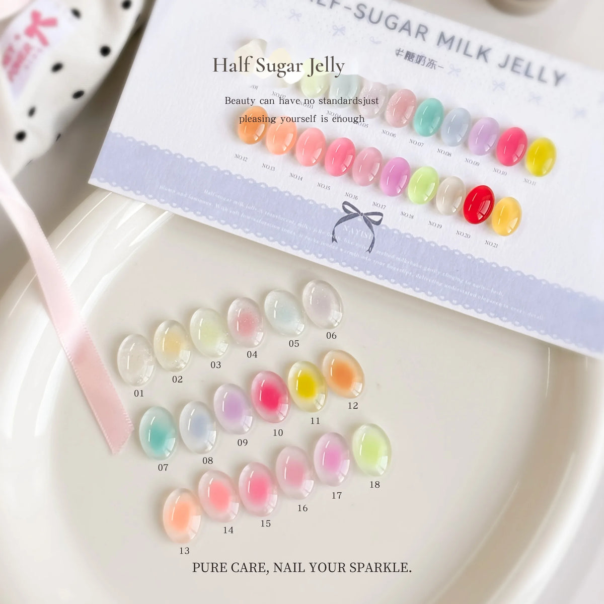 NAYISI Half Sugar Jelly swatch card with 18 milky jelly shades