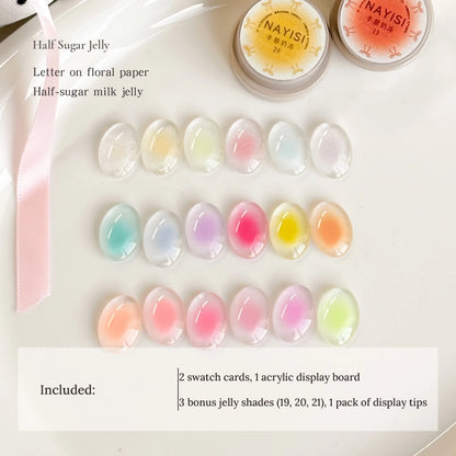 Half Sugar Jelly 18-color set swatches with jars; includes 2 swatch cards and an acrylic display board