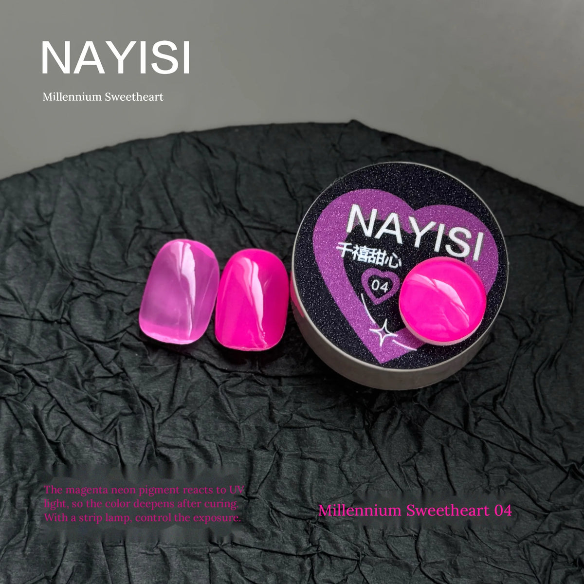 Millennium Sweetheart 04, magenta neon jelly gel, swatch tips beside the heart jar