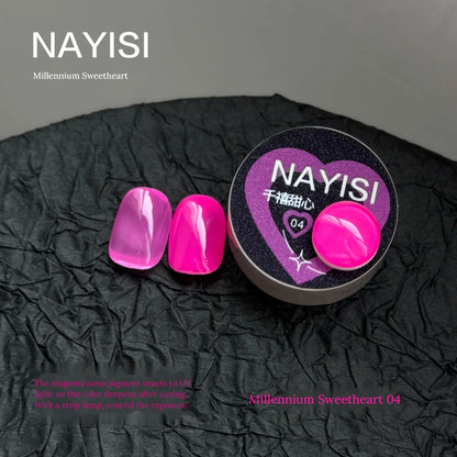 Millennium Sweetheart 04, magenta neon jelly gel, swatch tips beside the heart jar
