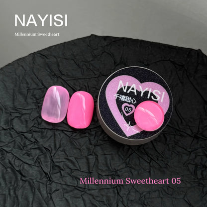 Millennium Sweetheart 05, bubblegum pink neon jelly gel, swatch tips beside the heart jar