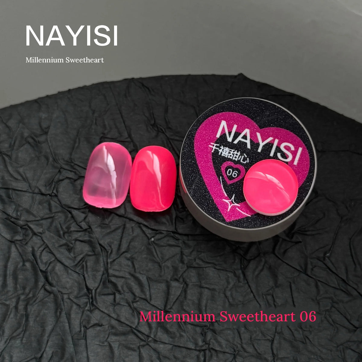 Millennium Sweetheart 06, hot pink neon jelly gel, swatch tips beside the heart jar
