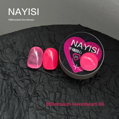 Millennium Sweetheart 06, hot pink neon jelly gel, swatch tips beside the heart jar