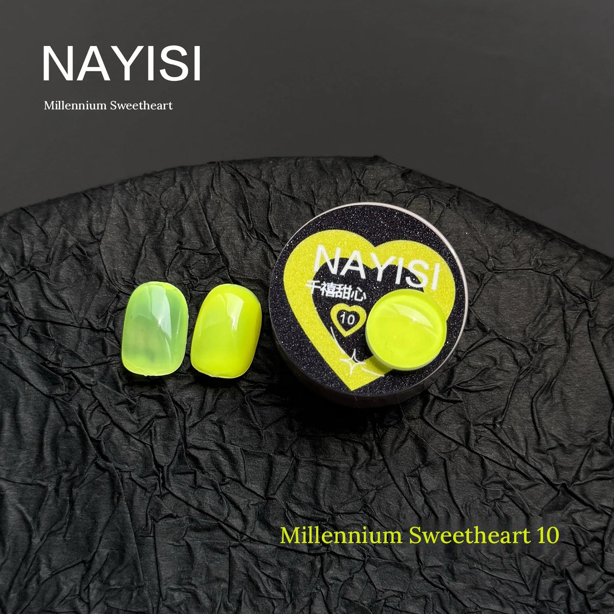 Millennium Sweetheart 10, neon yellow neon jelly gel, swatch tips beside the heart jar