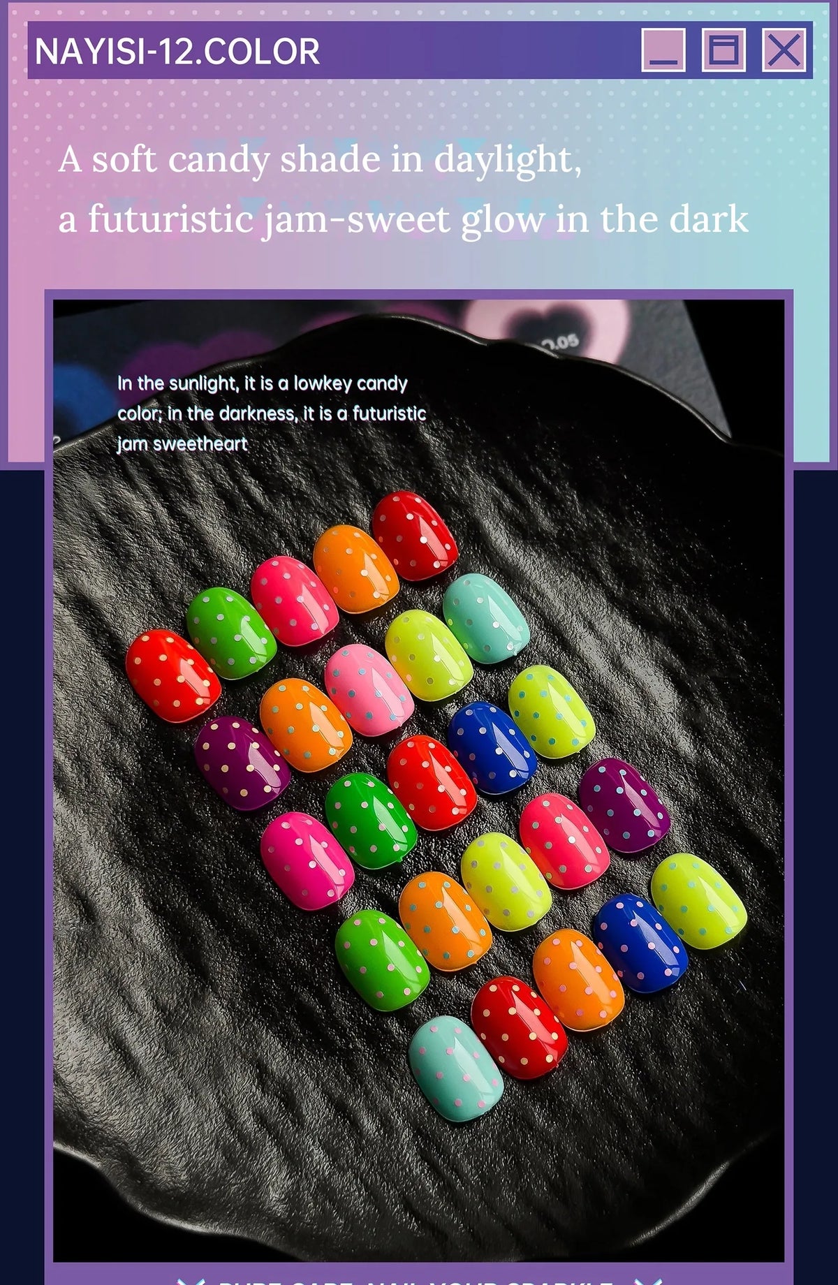 Polka-dot neon jelly nail tips on black fabric