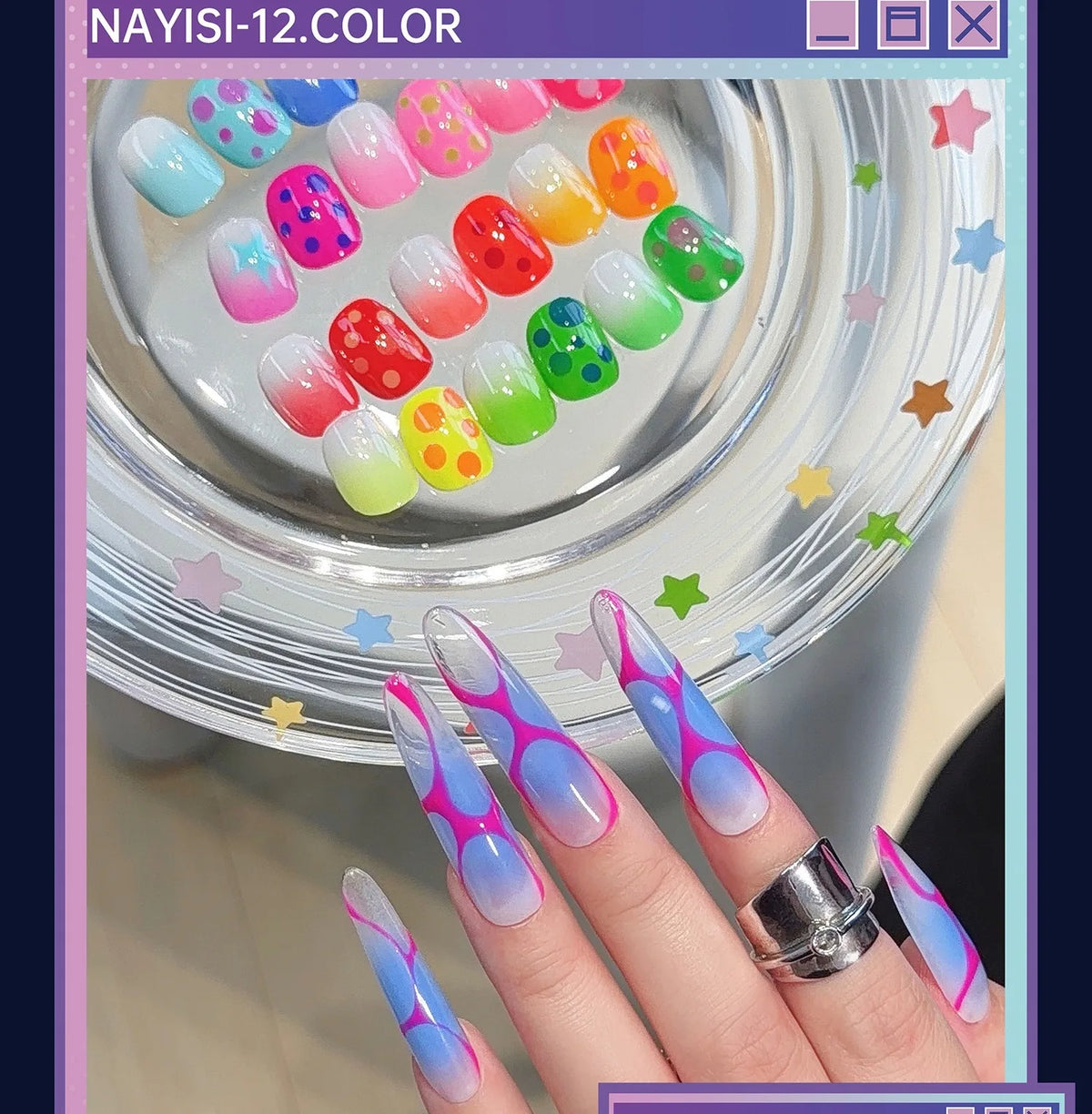 Neon jelly nail tips and long blue-and-pink nail art