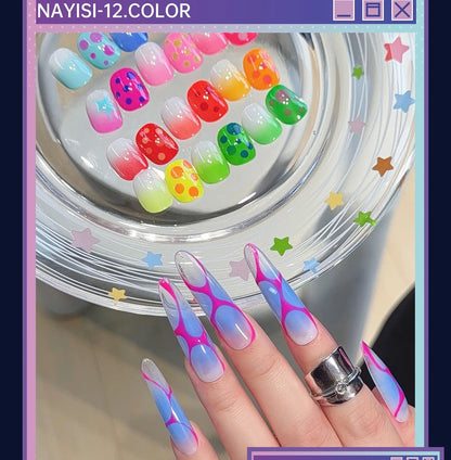 Neon jelly nail tips and long blue-and-pink nail art