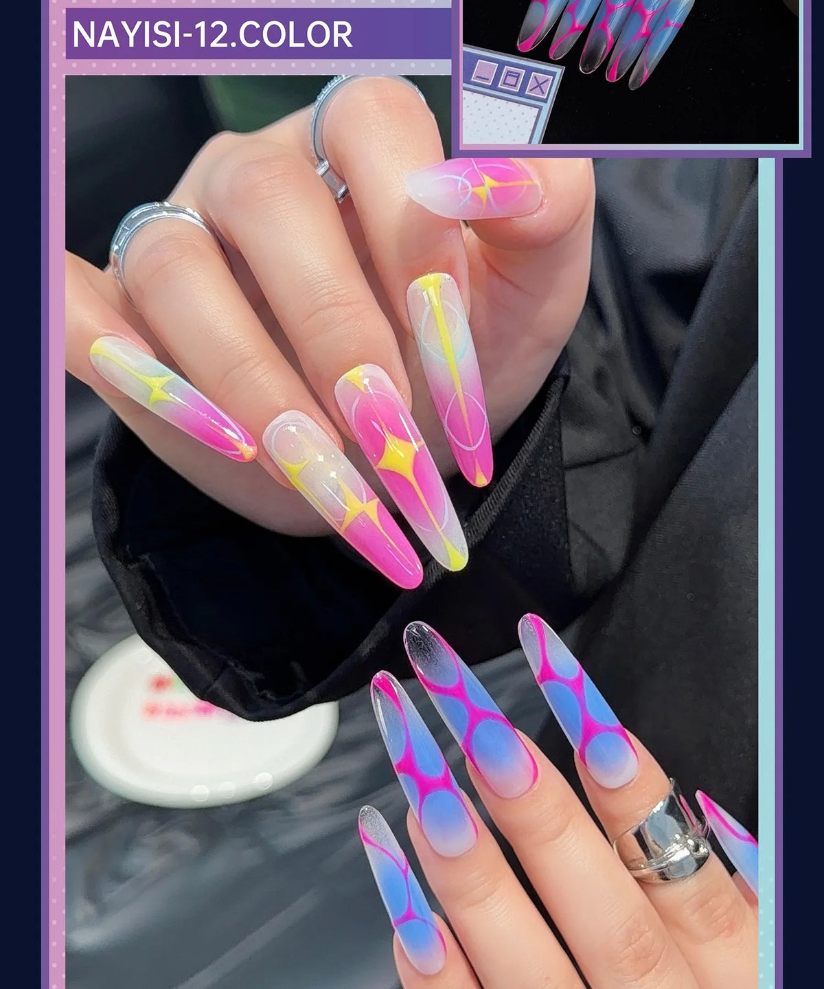 Neon jelly nail art on long almond nails
