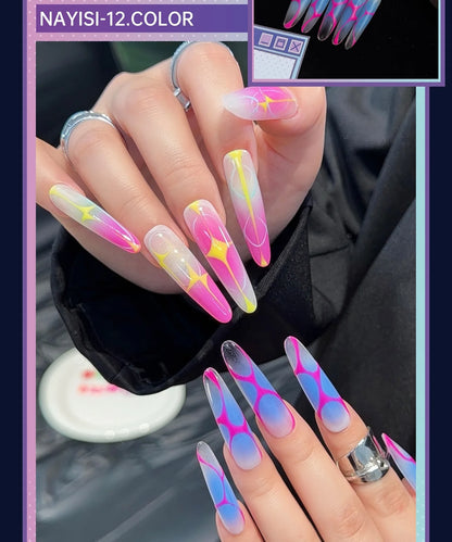 Neon jelly nail art on long almond nails