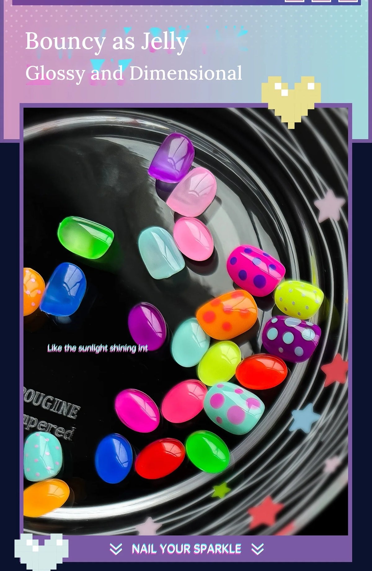 Bouncy, glossy neon jelly nail tips in a glass bowl