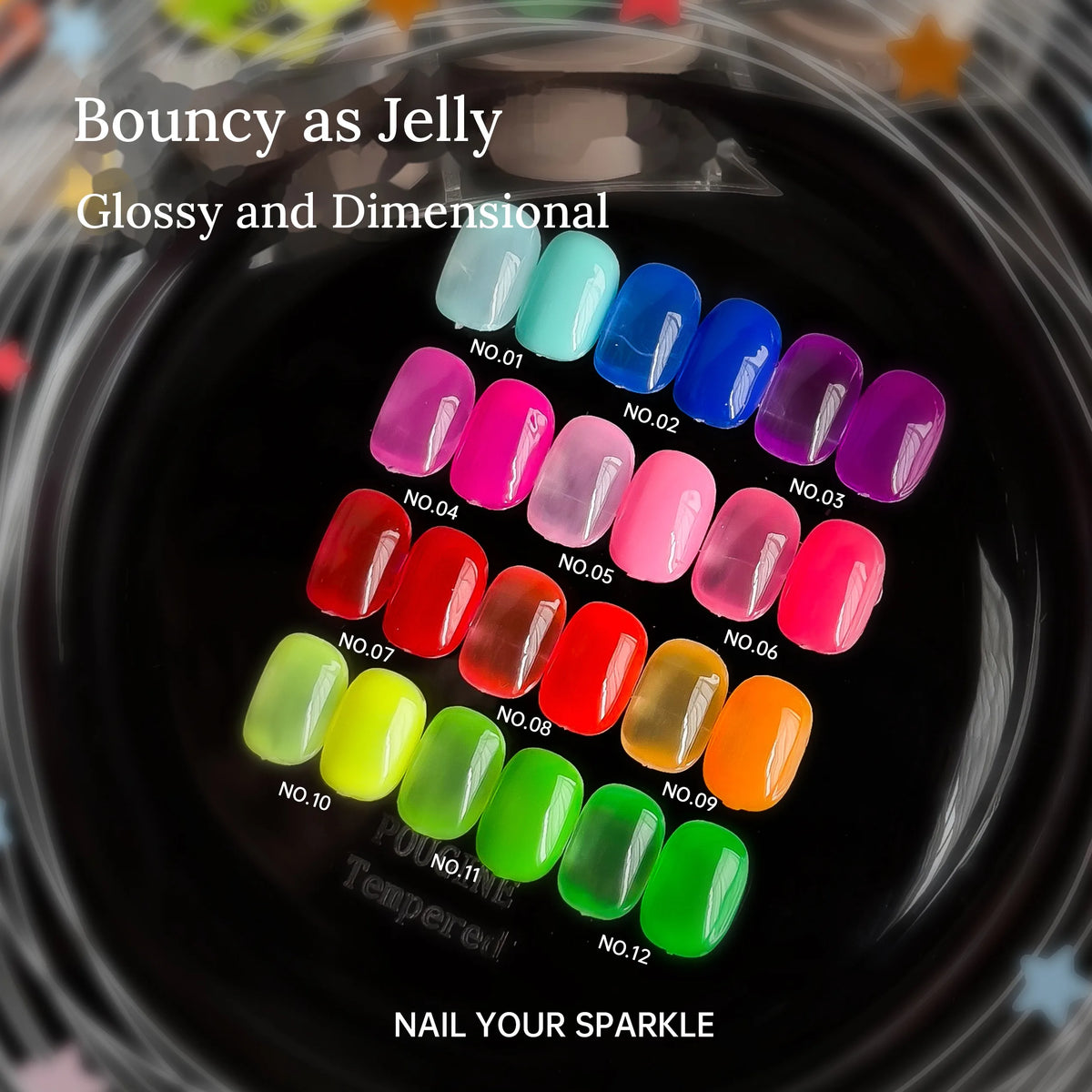 Millennium Sweetheart 12 neon jelly shades NO.01–NO.12 swatched in a glass dish