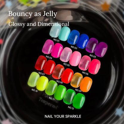 Millennium Sweetheart 12 neon jelly shades NO.01–NO.12 swatched in a glass dish