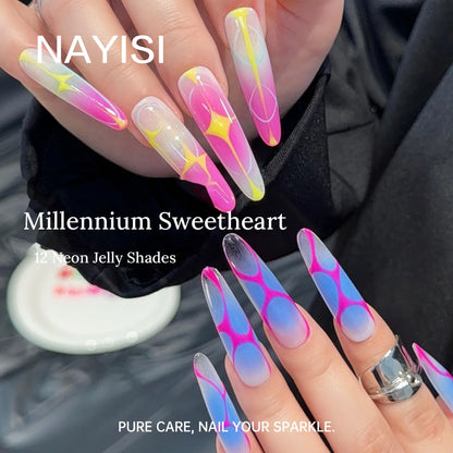 Long neon jelly nail art in pink, yellow and blue