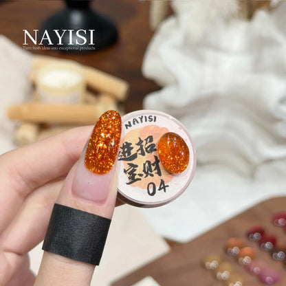 Riches and Treasures 3.0 04, copper orange glitter, on a nail beside its jar