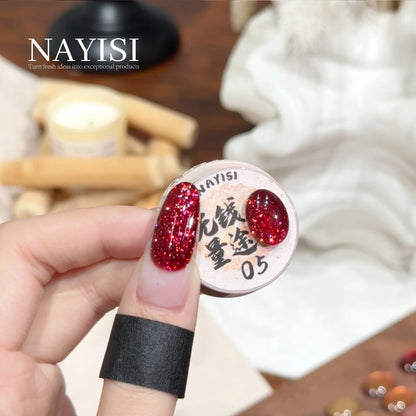 Riches and Treasures 3.0 05, ruby red glitter, on a nail beside its jar