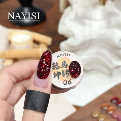 Riches and Treasures 3.0 06, black cherry glitter, on a nail beside its jar