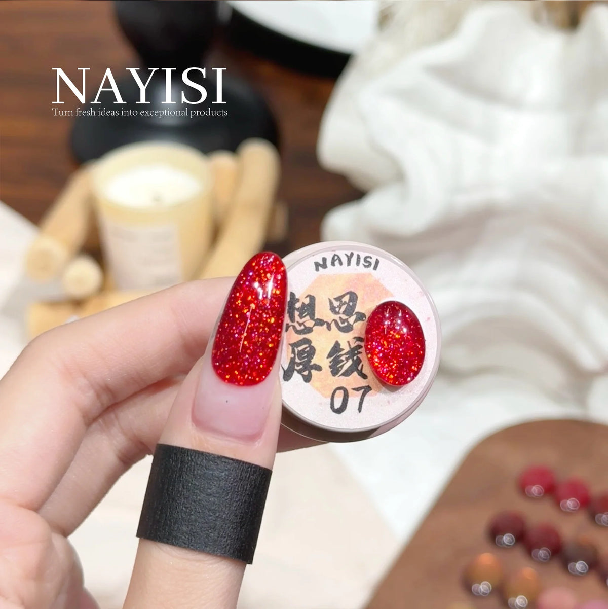 Riches and Treasures 3.0 07, scarlet glitter, on a nail beside its jar