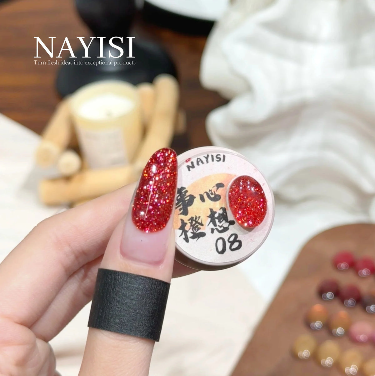 Riches and Treasures 3.0 08, crimson glitter, on a nail beside its jar
