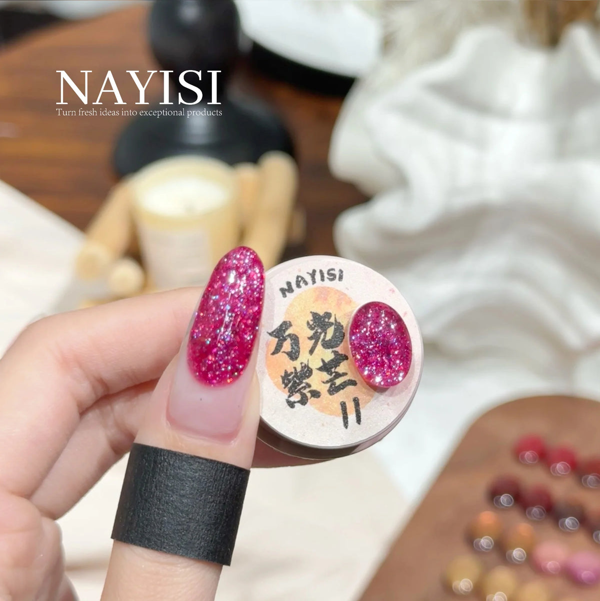 Riches and Treasures 3.0 11, fuchsia glitter, on a nail beside its jar