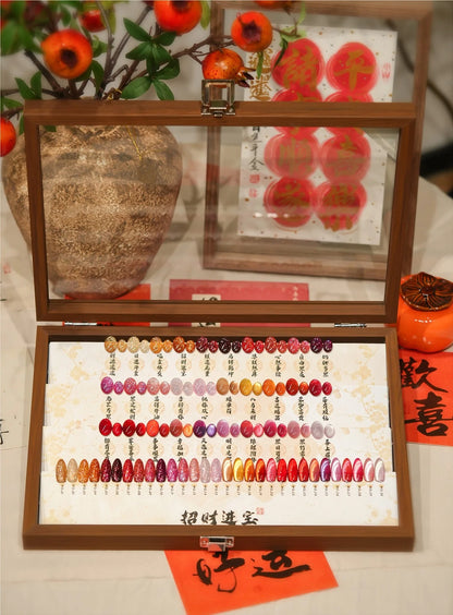 Wooden display box holding swatches of all 30 Riches and Treasures 3.0 shades