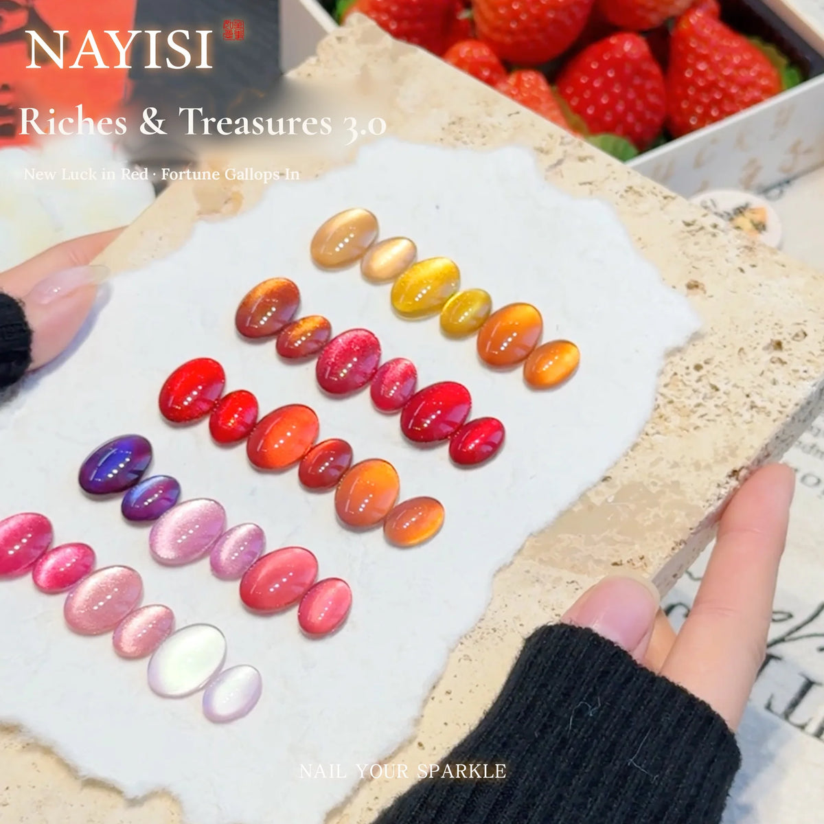 Riches and Treasures 3.0 cat eye shades on oval tips in red, orange and pink