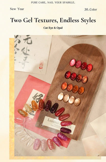 Two gel textures, cat eye and opal glitter, on tips on a wooden tray