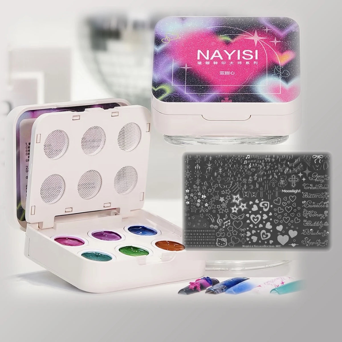 NAYISI Multifunctional Stamping Cat-Eye Gel — Sweetheart Magnetic Cat Eye Palette + Kusa Heart Stamping Plate